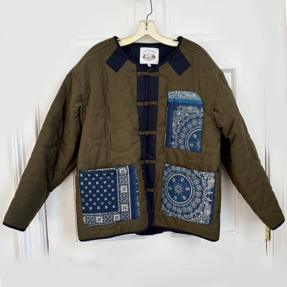 Lucky Sartorius Jacket Padded Olive Green Blue Bandana Print Quilted Medium